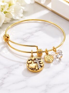Love This Life Faith Gold Charm Bangle Bracelet Cross Crystal Hearts Gift NWT